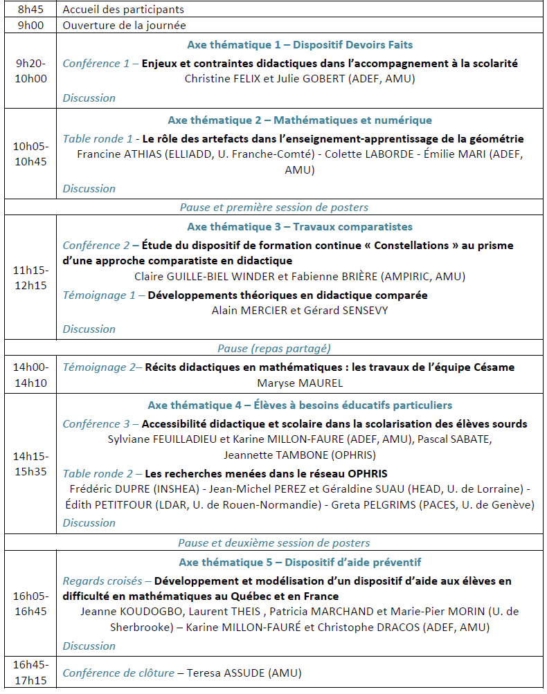 programme Journée scientifique internationale "Sur les traces d’une didacticienne des mathématiques"