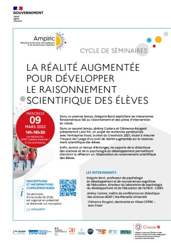 Cycle de séminaires Ampiric "la réalité augmentée pour développer le raisonnement scientifique des élèves" le 09 mars 2022