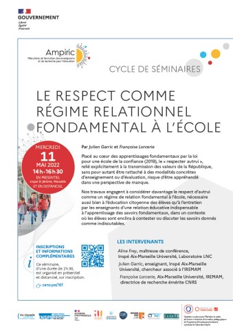 Cycle de séminaires Ampiric "le respect comme régime relationnel fondamental à l'école" le 11 mai 2022