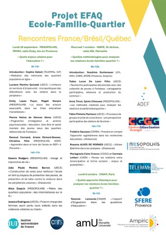 Projet EFAQ Ecole-Famille-Quartier Rencontres France/Brésil/Québec