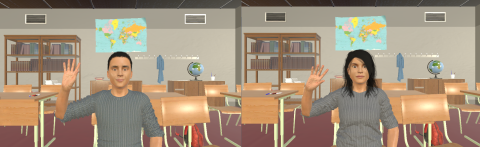 Deux personnages en 3D dans une salle de cours en 3D, un garçon et une fille, font "coucou" avec la main.